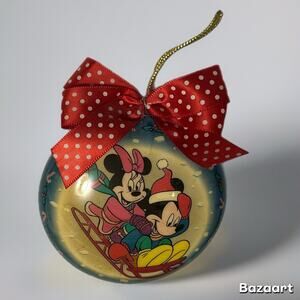 VINTAGE Disney Mickey and Minnie Sledding Ornament 3.5" Paper Mache Christmas